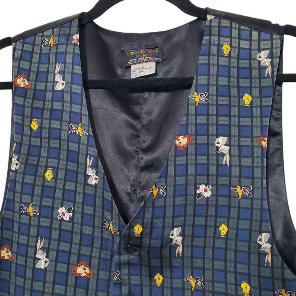 Vintage 1993 Looney Tunes 100% Silk Vest Mania Size S Tweety Bugs Taz Daffy Mens - Picture 2 of 7